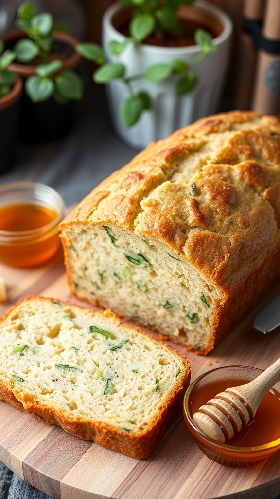 A loaf of healthy zucchini bread sliced to show zucchini pieces, on a wooden board with honey.